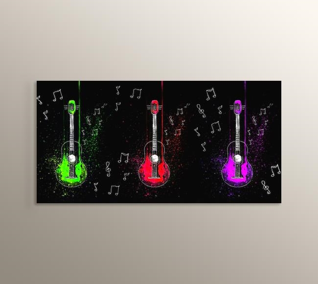 Yeşil Kırmızı ve Mor Gitarlar ve Notalar - Çizgi Sanatı