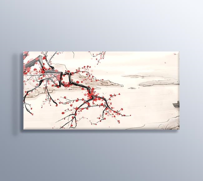 Siyah Beyaz Nehir ve Kırmızı Yapraklı Ağaç Manzarası - Çin Stili İllüstrasyon
