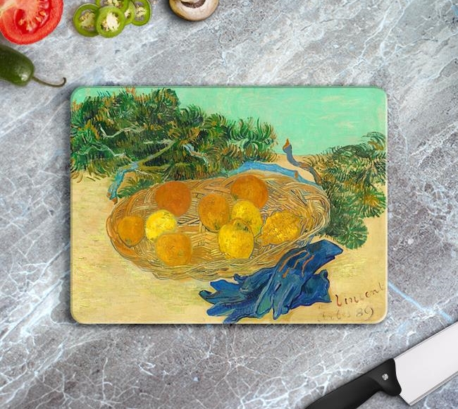 Still Life of Oranges and Lemons with Blue Gloves