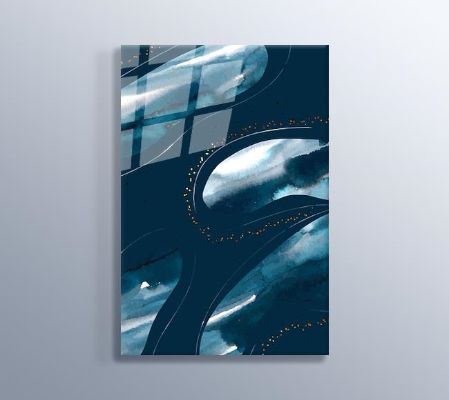 Mavi Tonlarında ve Altın Görünümlü Şekillerle Sulu Boya Görümlü Soyut 