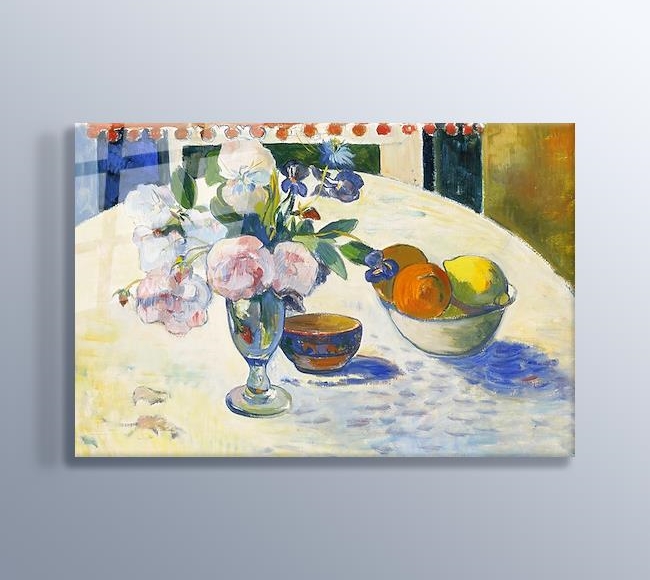 Flowers and a Bowl of Fruit on a Table