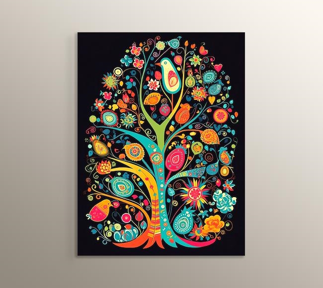 Renkli Kuşlar ve Çiçeklerle Dolu Ağaç