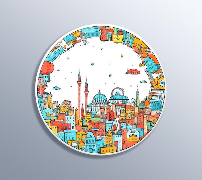İstanbul Hayali: Renkli Karikatür Stilinde, Basit Çizimli, Yuvarlak Çerçeveli Şehir Manzarası