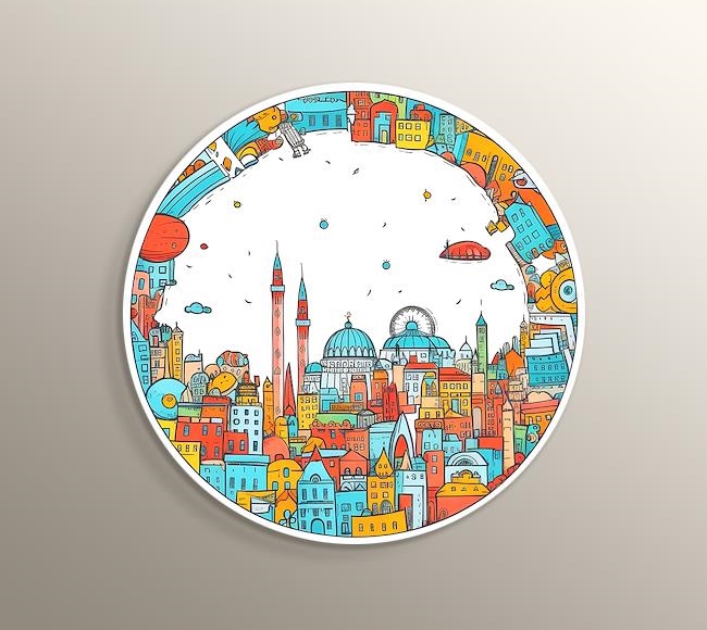 İstanbul Hayali: Renkli Karikatür Stilinde, Basit Çizimli, Yuvarlak Çerçeveli Şehir Manzarası