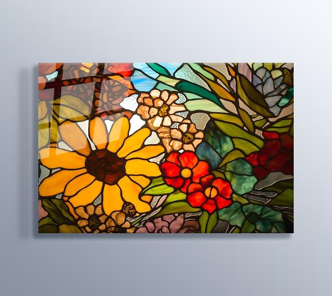 Çiçek ve Ayçiçeği Desenli Renkli Cam