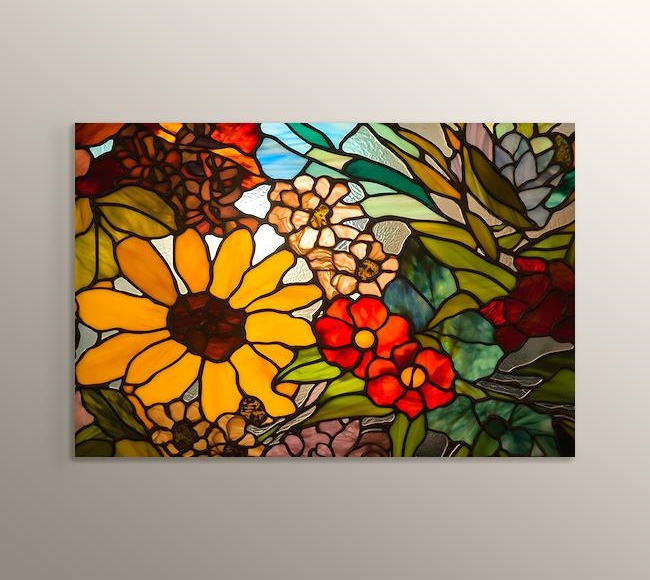 Çiçek ve Ayçiçeği Desenli Renkli Cam