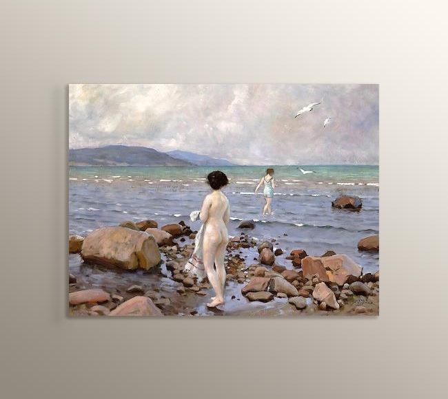 Young Women Bathing From a Stony Beach