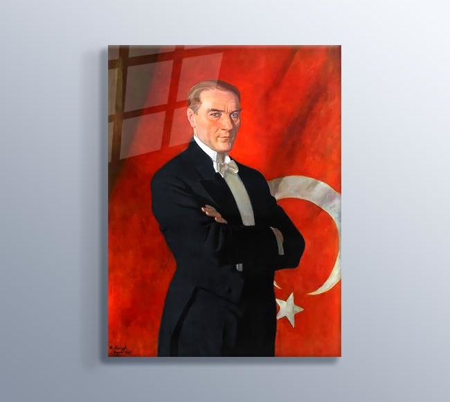 Mustafa Kemal Atatürk - Arkaplanda Kırmızı ve Beyaz Türk Bayrağı