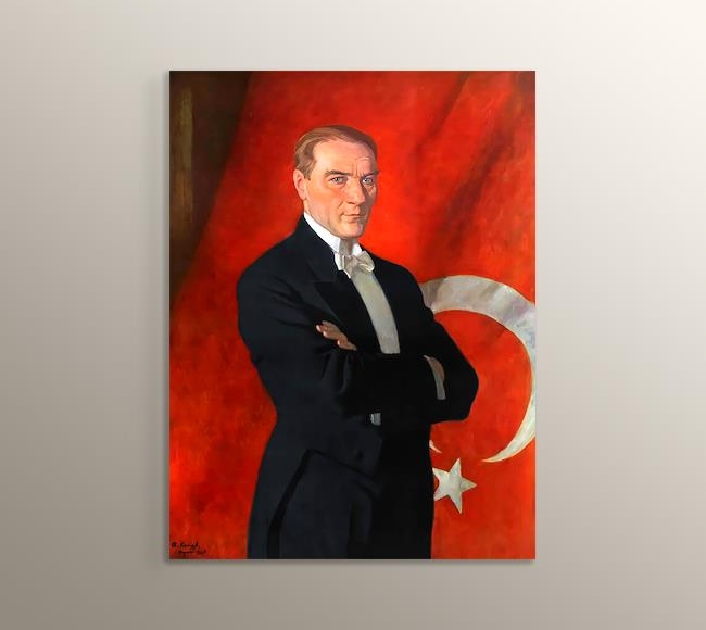 Mustafa Kemal Atatürk - Arkaplanda Kırmızı ve Beyaz Türk Bayrağı